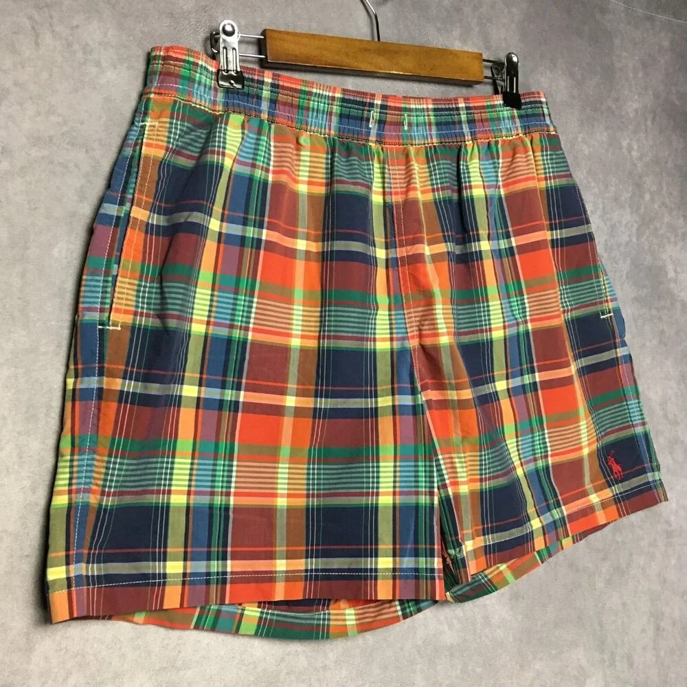 Polo RL Mens Plaid‎ Swim Trunk Shorts size Large Red Green Mesh Inner Briefs